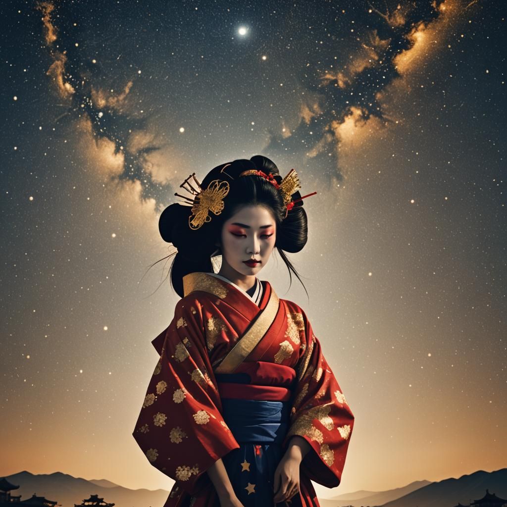 Geisha and Samurai Double Exposure in Rothko Style