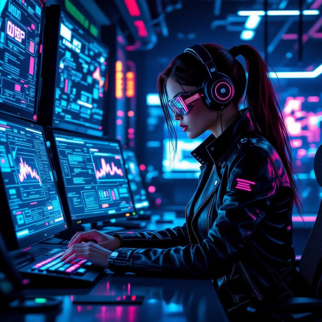 Cyberpunk Hacker Infiltrates Server Room with Neon Technolog...