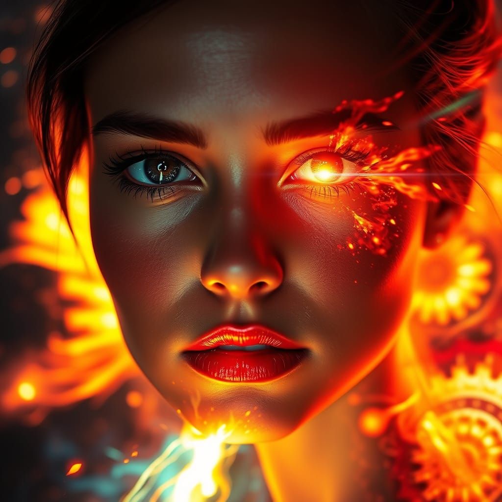 Young Woman's Soul Illuminated by Heaven and Hell