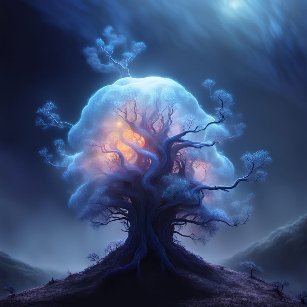 Alien Tree on a Hill in Surreal Oil Painting