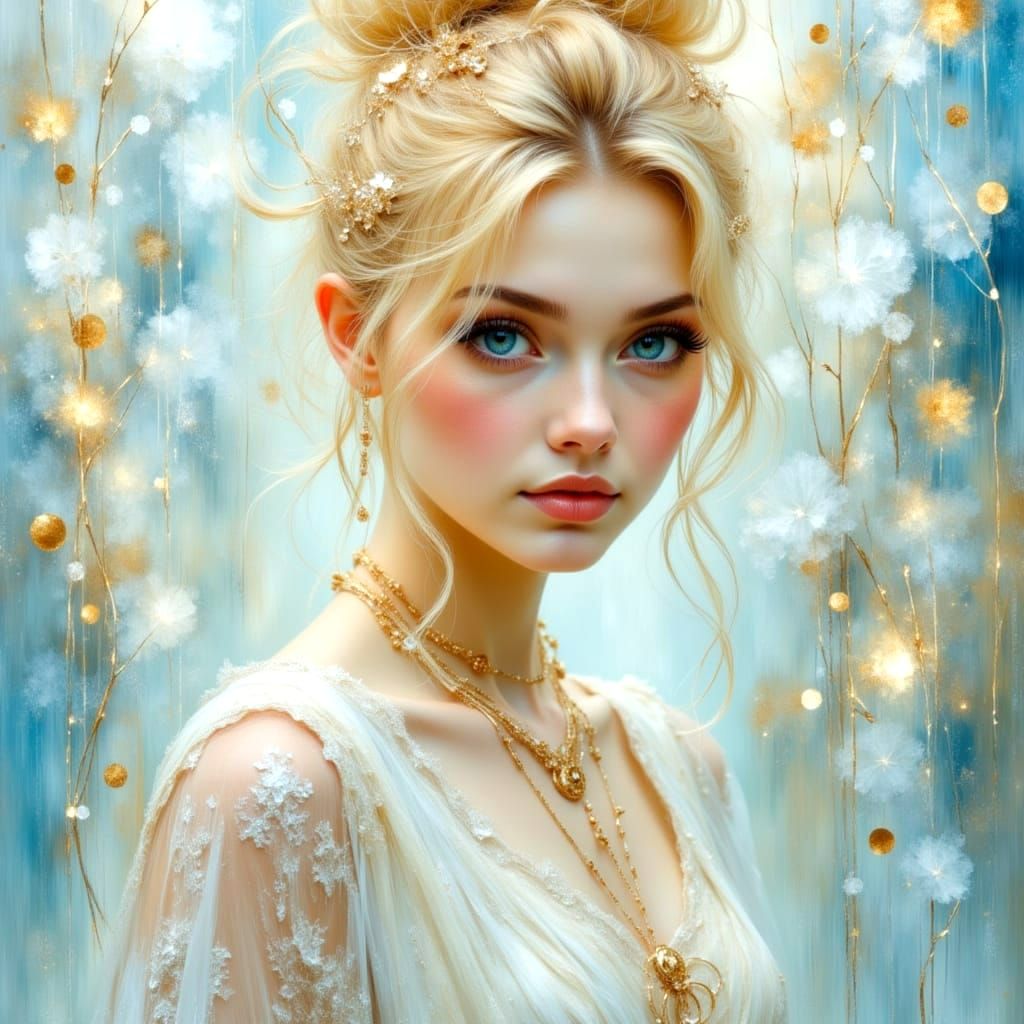 Blond Woman Portrait with Blue Eyes in Dreamscape