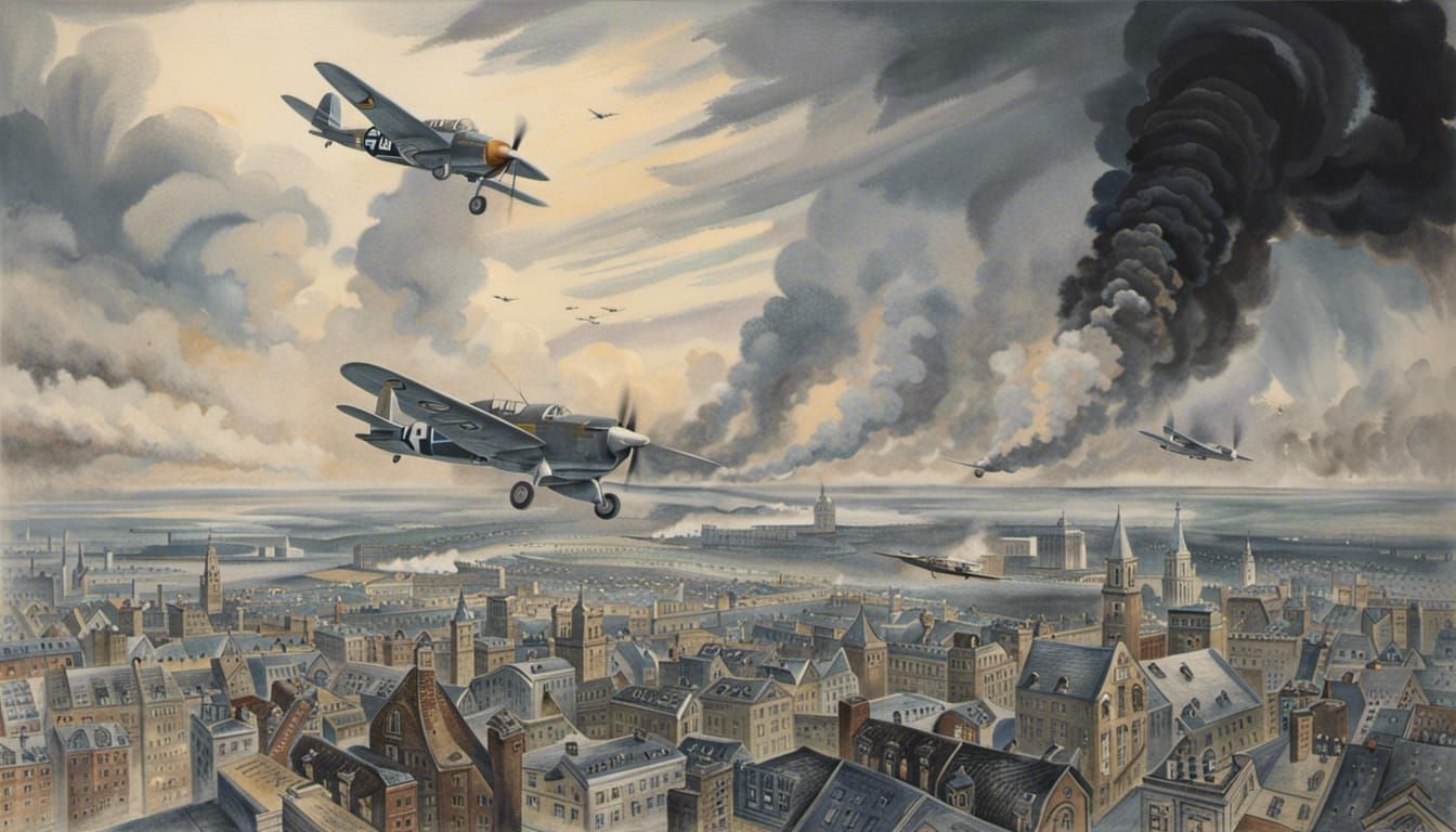 Watercolour, Action in the air over London during WW2 based ...