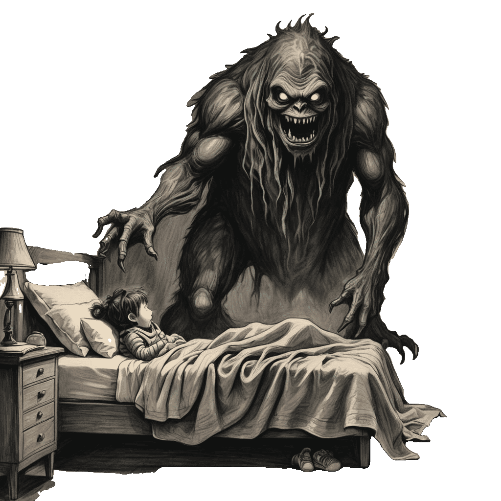 Charcoal Monster Reaching for Child Under Bed