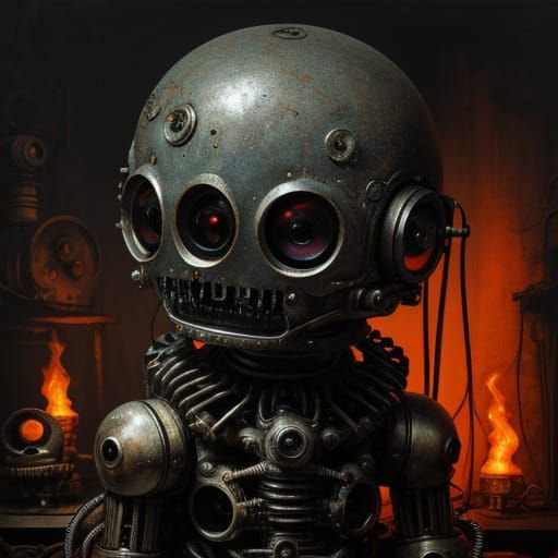 Antique Robot Baby in Grungy Workshop Oil Painting