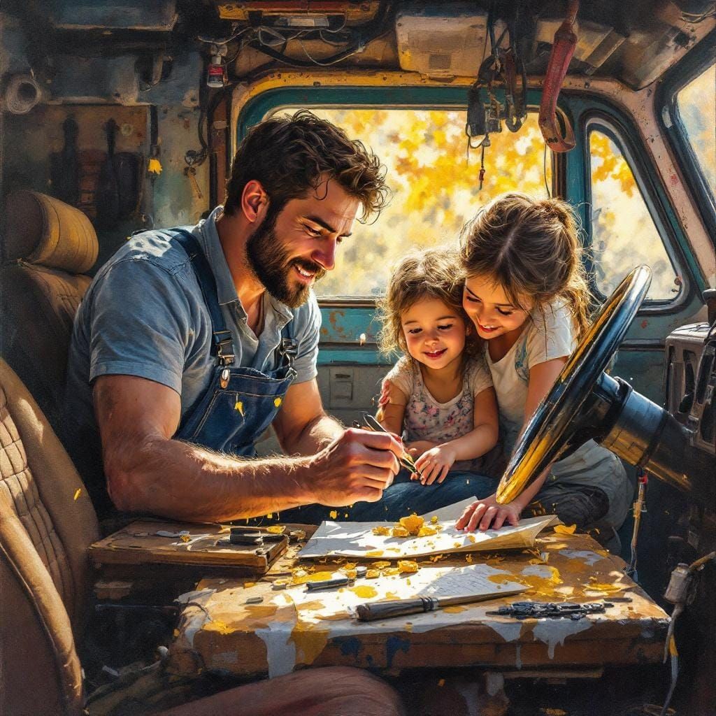 Family Scene: Car Repair in Gouache Impressionist Style