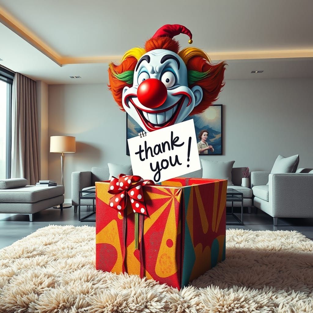 Vibrant Clown Emerges from Ornate Gift Box on Plush Carpet