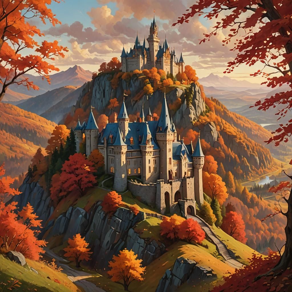 Majestic Castle Amidst Autumn Foliage: An Epic Painting