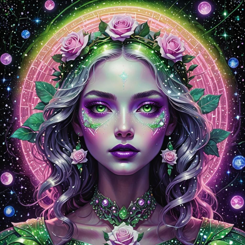 Cosmic Face with Rose Halo: Astral Illustration