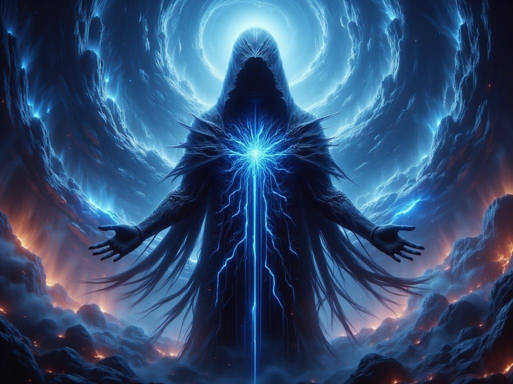 Mystical Shaman in Cyberpunk Robe Amidst Neon Mist