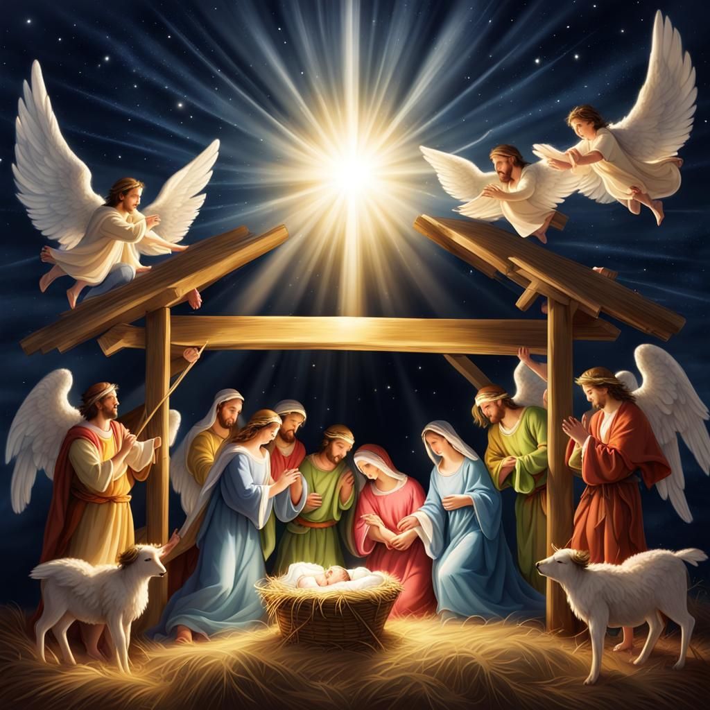 Christmas Manger Scene with Angels and Divine Light