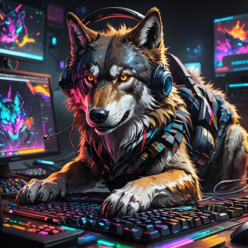 Gamer Wolf Howling in Neon Cyberpunk Glory