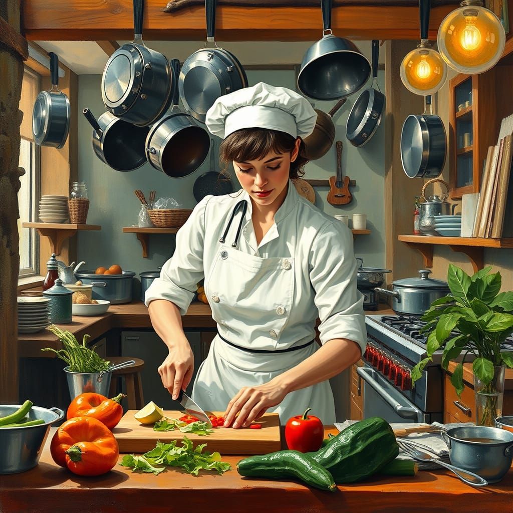 Female Chef in Impressionist Kitchen Scene