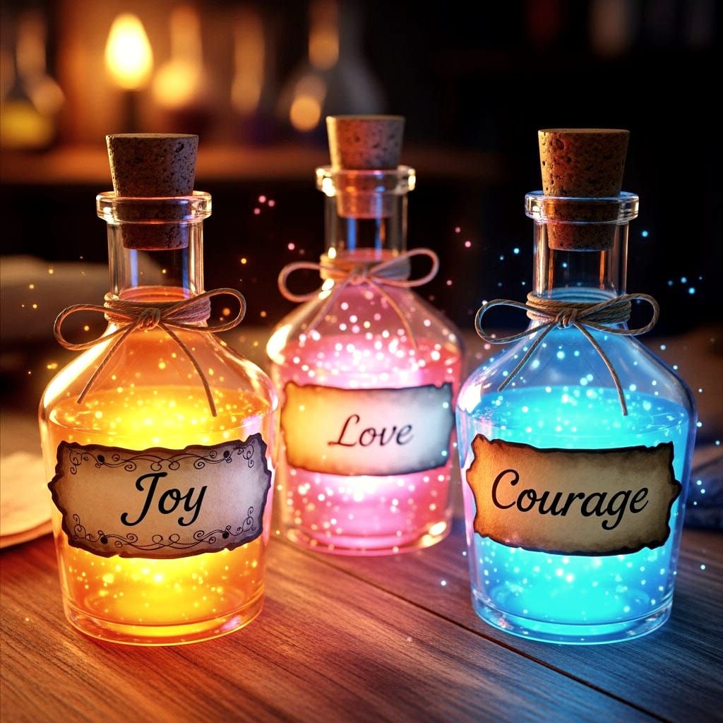 Three Labeled Magic Potion Bottles on Table