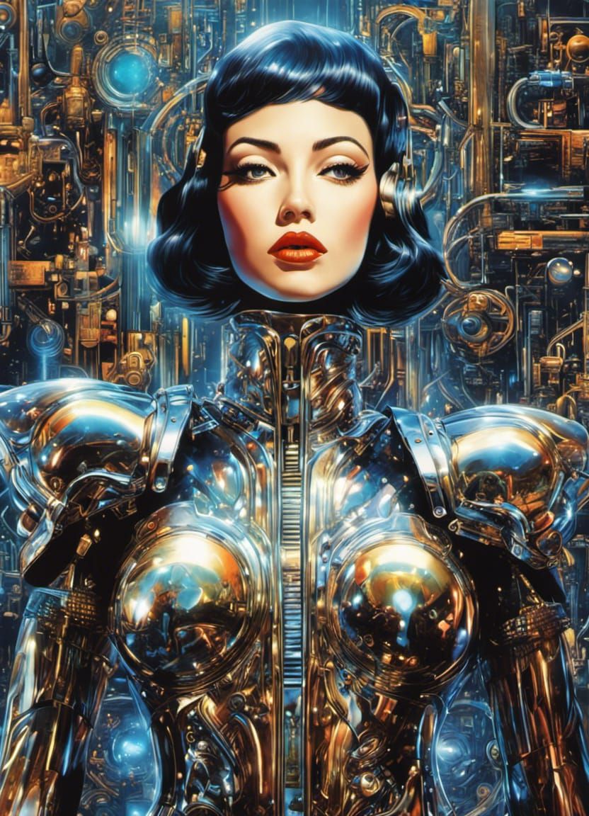 Chrome Robot Pin-Up in Retro-Futuristic Collage
