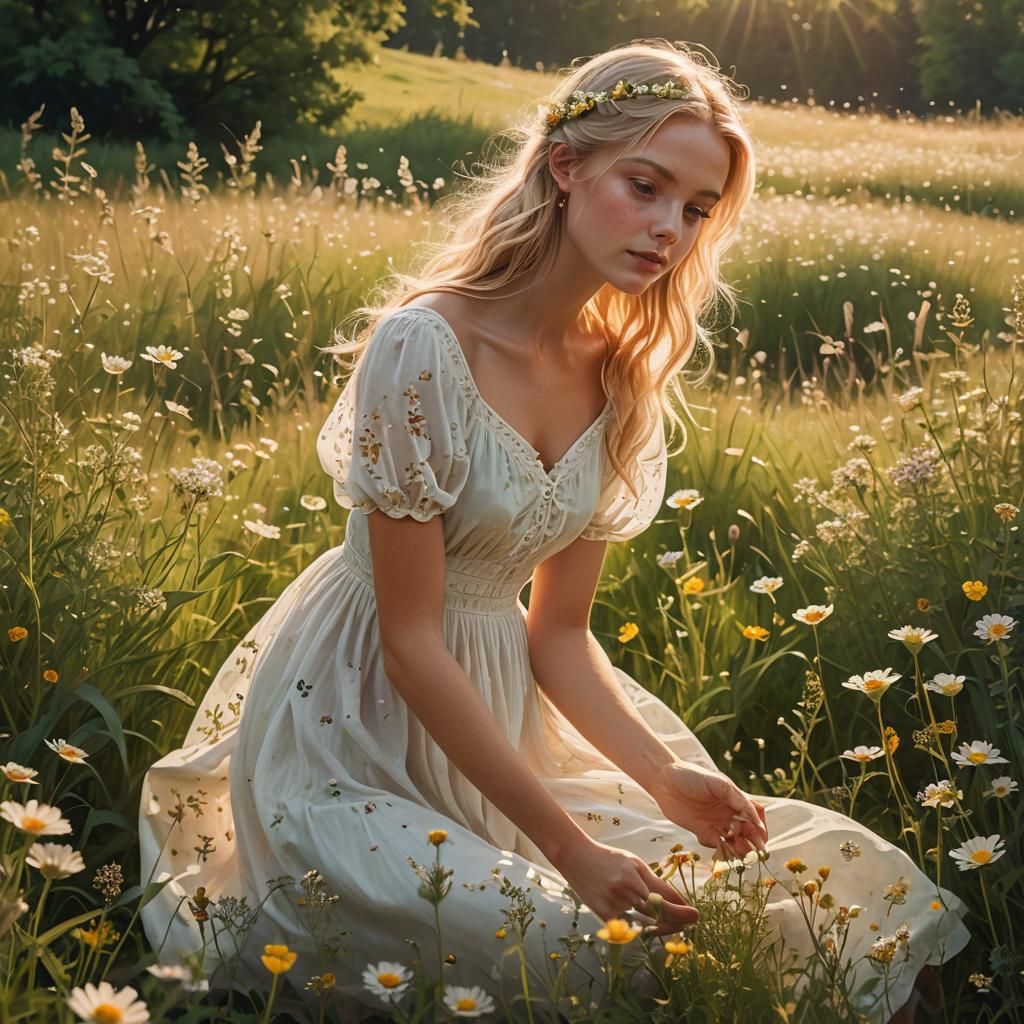 Summer Portrait of Blonde Woman in Meadow