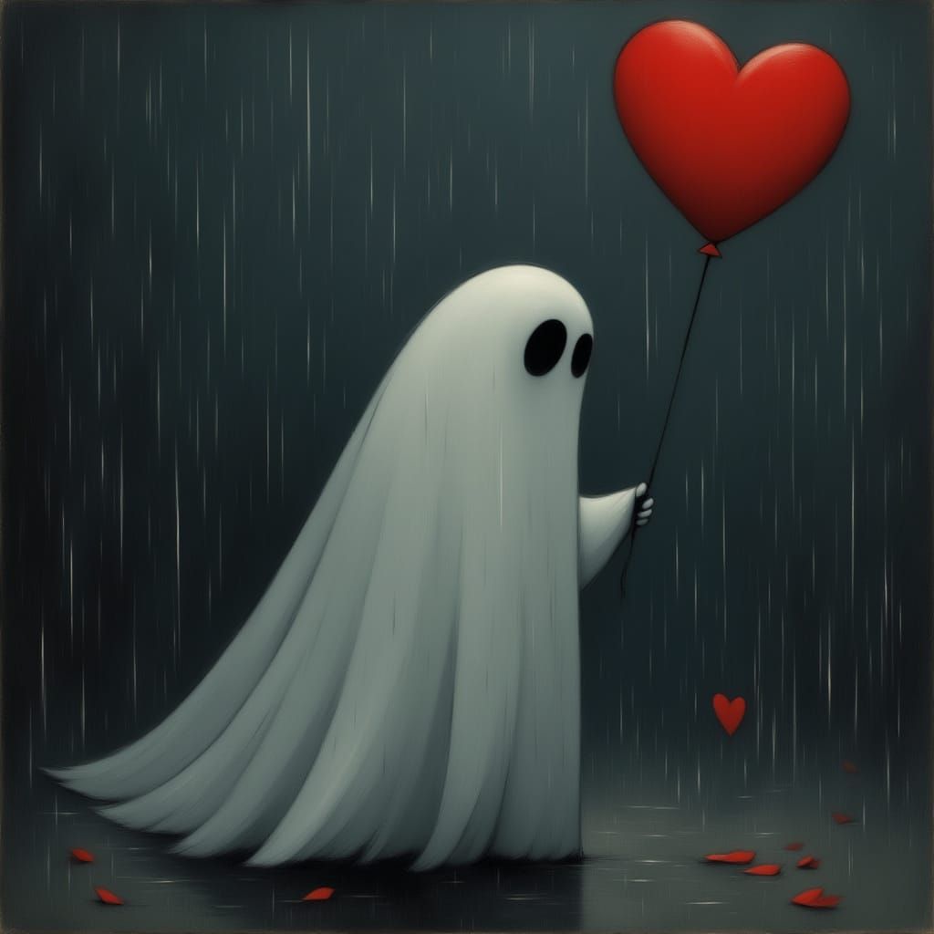 Sad Ghost with Heart Balloon in Rain
