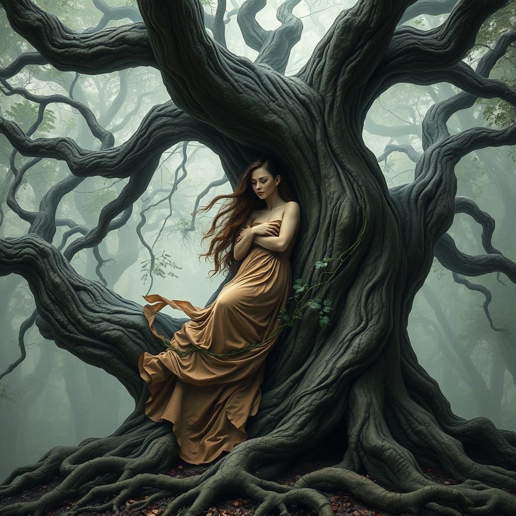 Tree Enfolds a Serene Female Form in Ethereal Forest