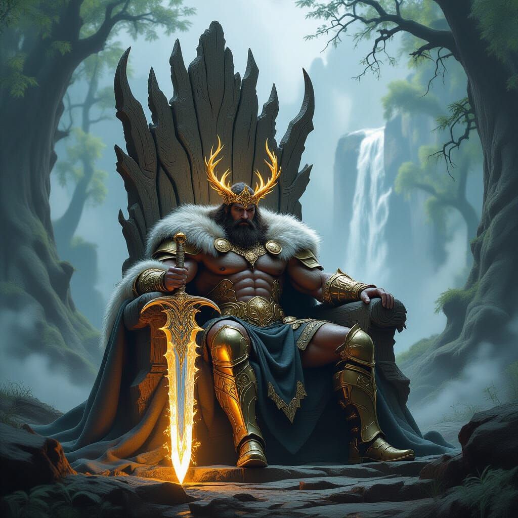 Ancient Tree Stump Throne in Foggy Forest with Warrior King
