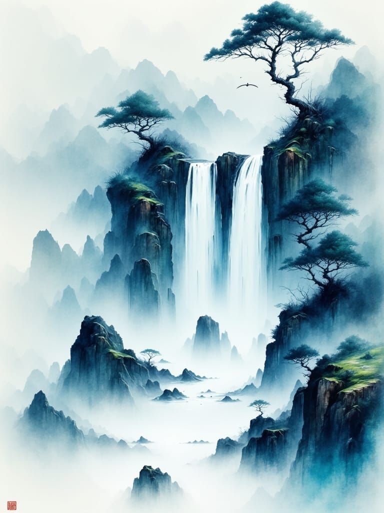 Serene Blue Waterfall in Japanese Minimalist Style