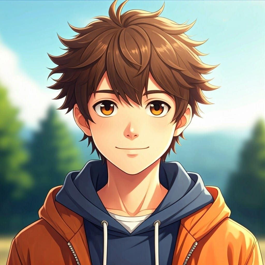 Youthful Anime Boy in Tranquil Outdoor Setting
