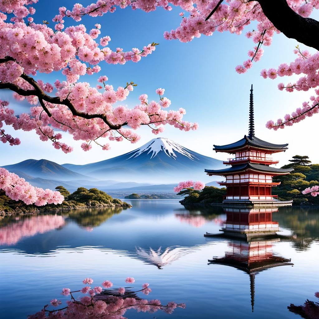 Majestic Sakura Tree in Traditional Japanese Landscape