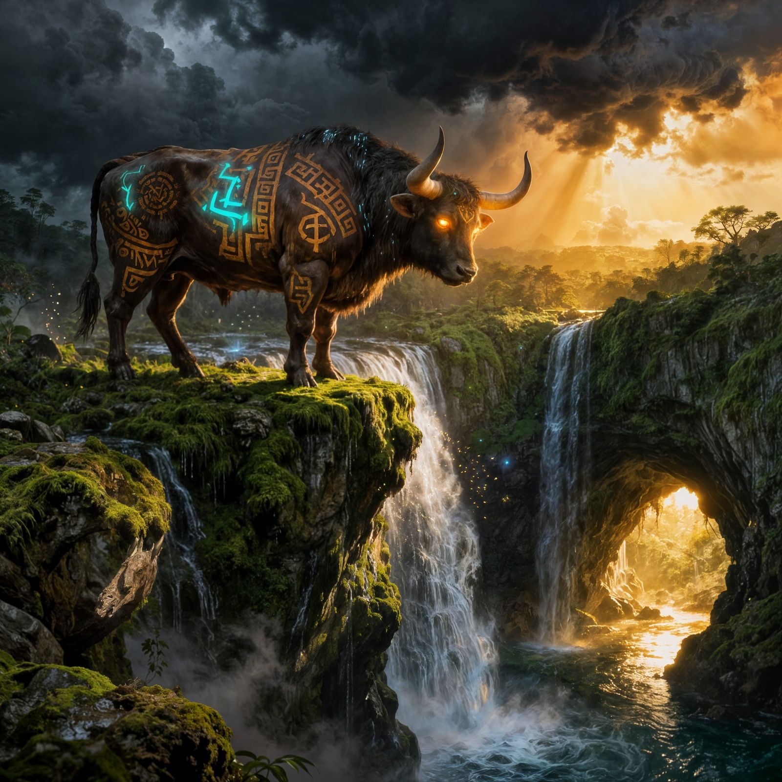 Majestic Bull at Mossy Waterfall in Digital Oil Paint