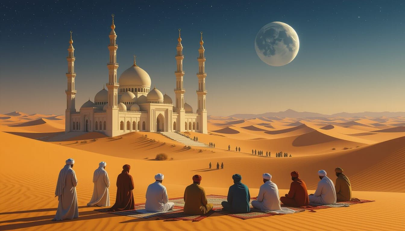 Desert Mosque Amidst Alien Dunes as Baroque Painting