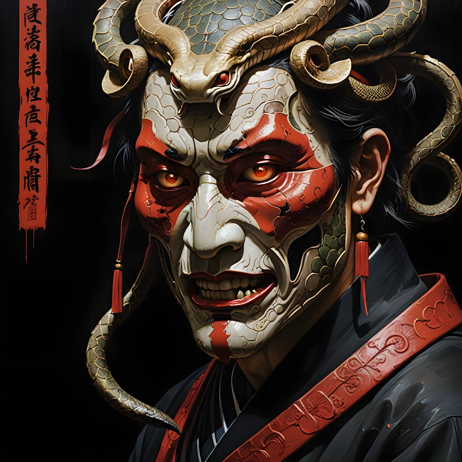 A Illustrate of a supervillain a kanji 嫉妬 (Envy) on a solid ...