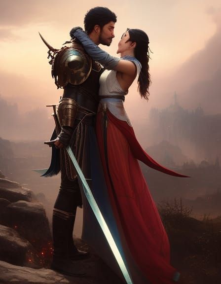 two people in medieval armor hugging embracing holding someo...