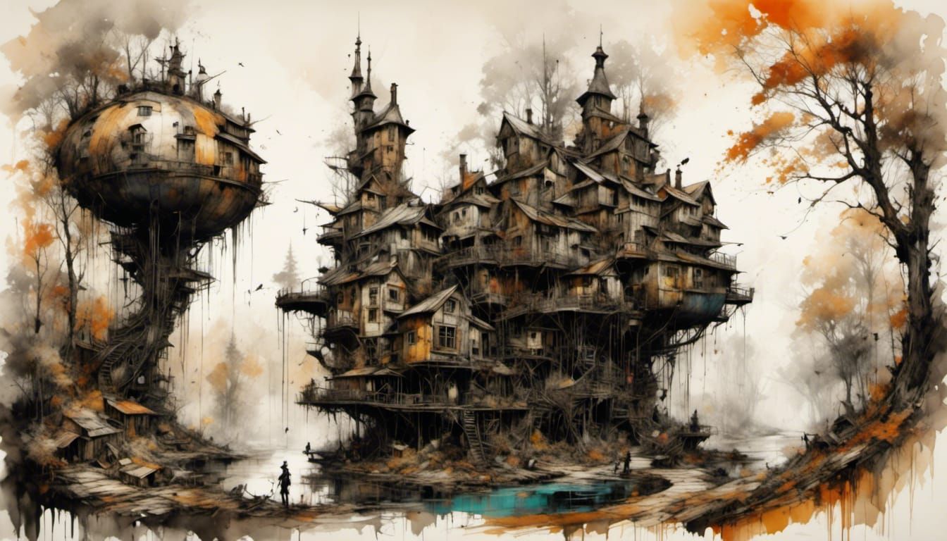 Dystopian Ecovillage Architectural Sketch in Splash Art Styl...