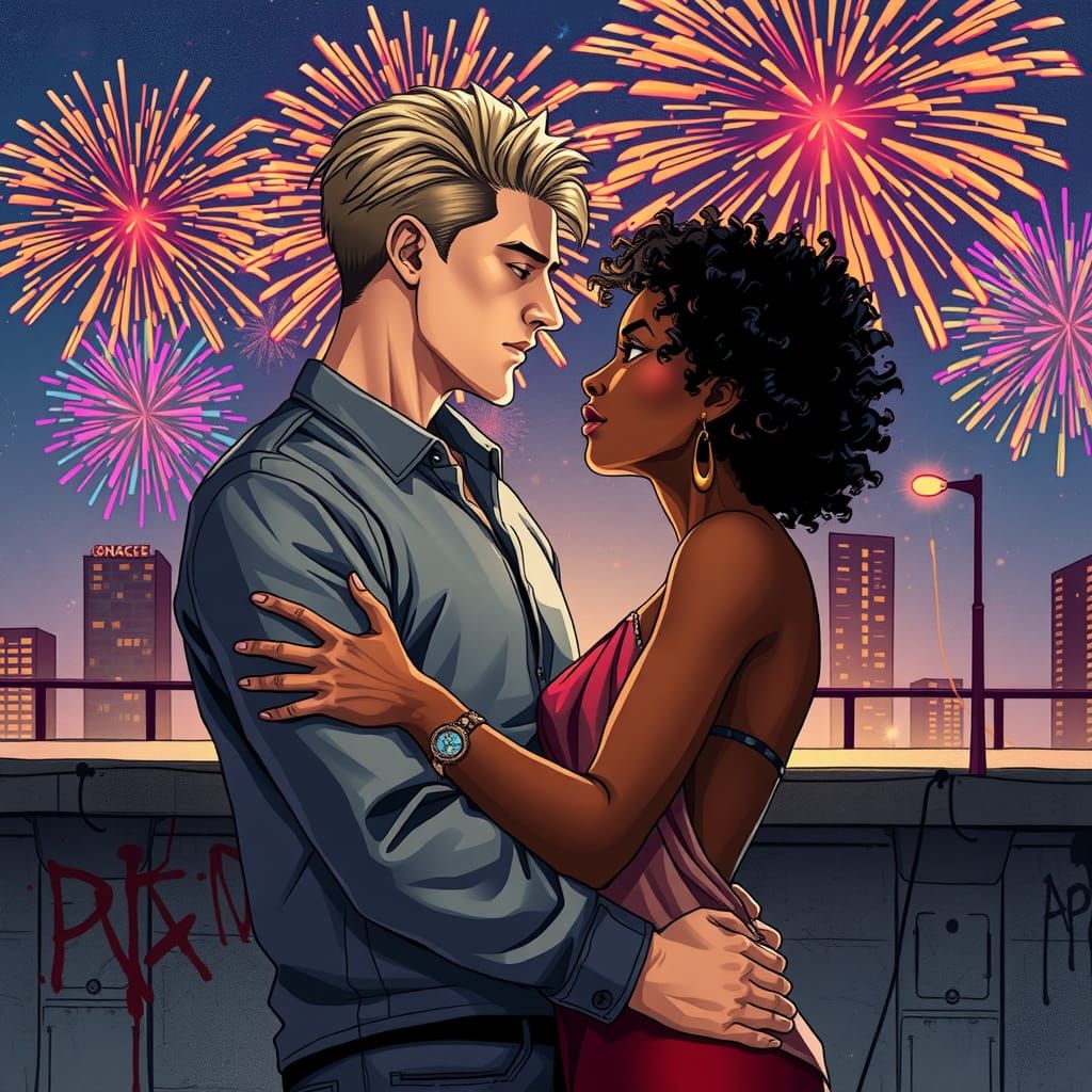 Interracial Couple Embrace Under Fireworks, Comic Book Style