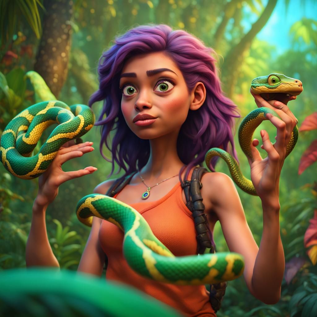 Jungle Girl Hypnotized by Snake: Pixar-Style 3D Art
