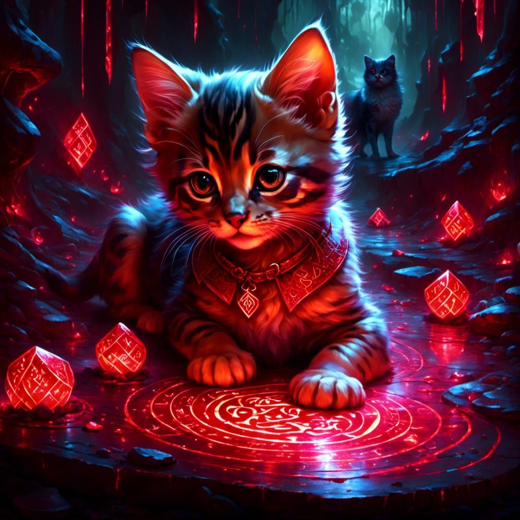Hybrid Kitten-Duckling-Puppy Creature with Glowing Runes