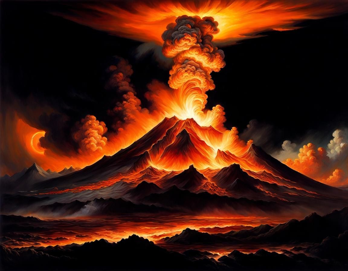 Volcanic Eruption in Impasto Style with Chiaroscuro Lighting