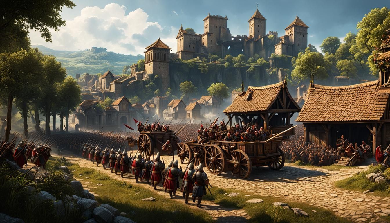 Roman army with Roman ballista besieging a Gallic village