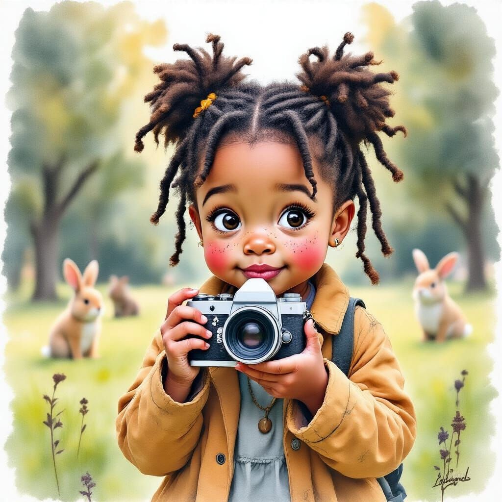 Girl with Camera: Wet-on-Wet Watercolor in Park