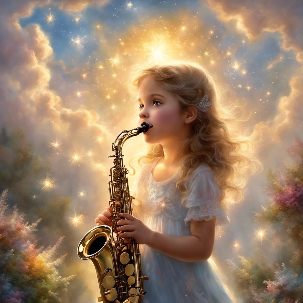 Ethereal Girl Plays Saxophone for Angels in Heaven