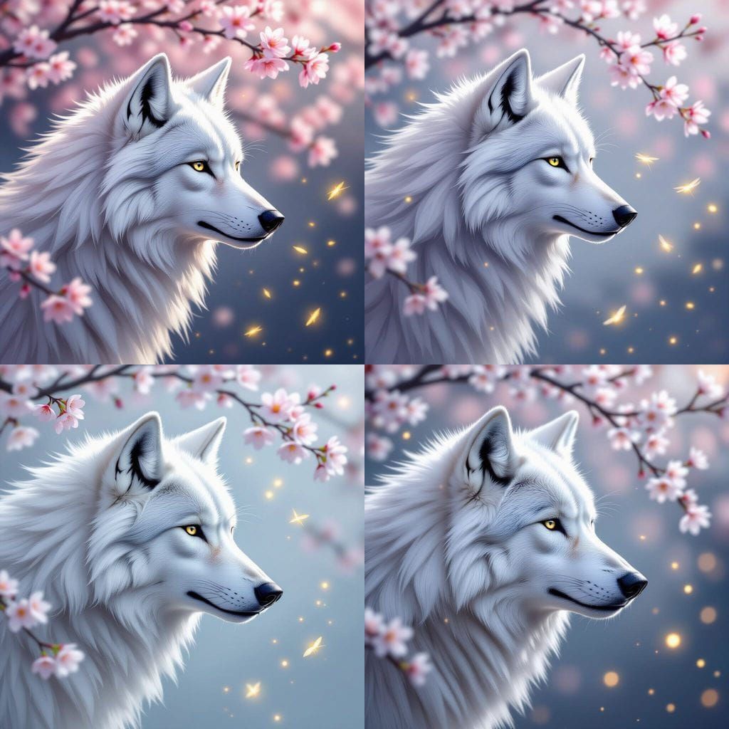 Japanese-Inspired White Wolf Profile with Cherry Blossoms
