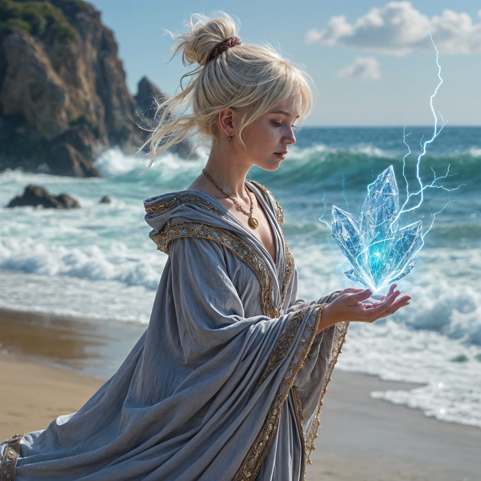 Halfling Sorceress Casting Spell on Windy Beach