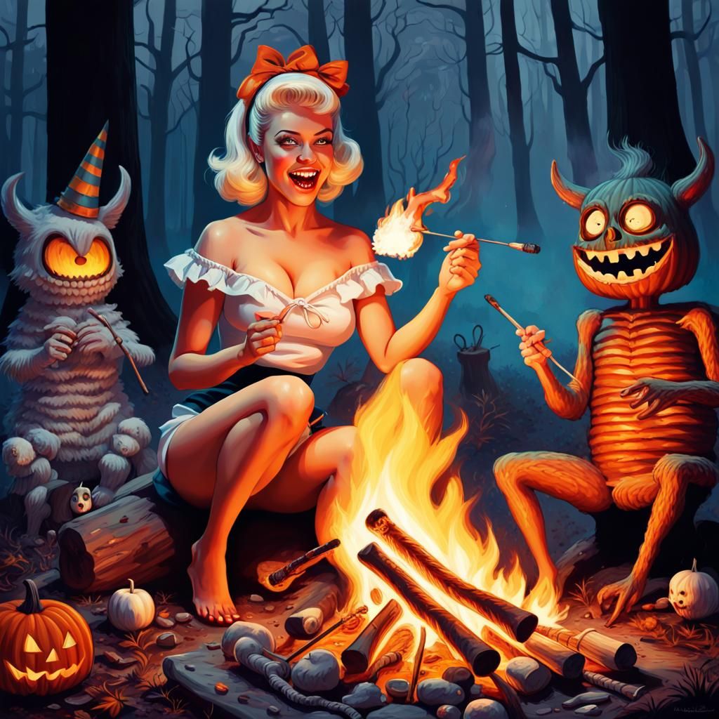 1960s Halloween Pinup Campfire Scene