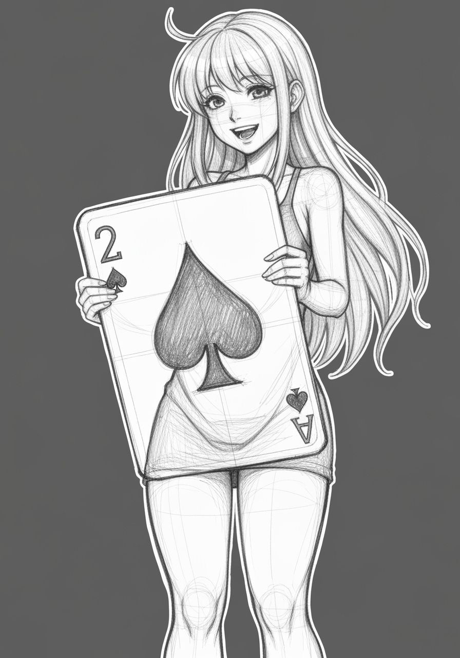 Pencil Sketch of Woman Holding Giant 2 of Spades Card