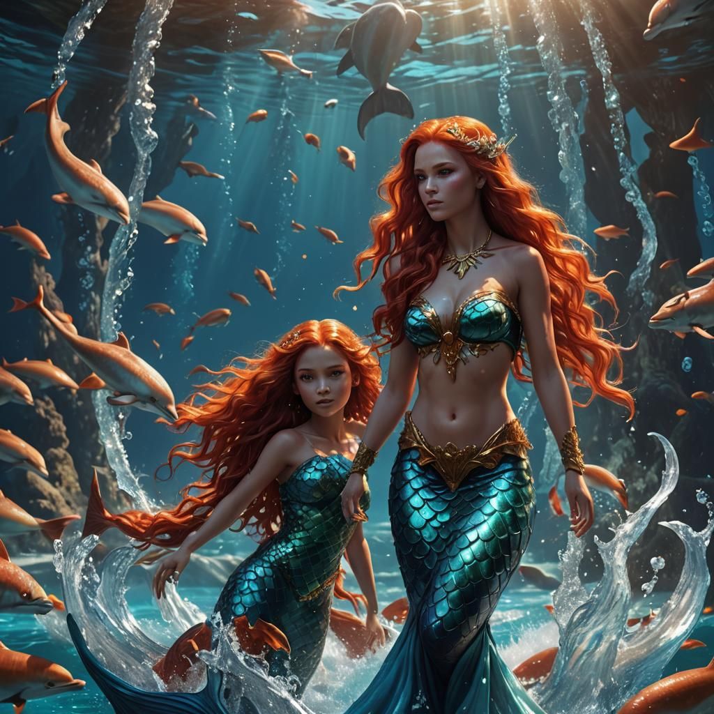 Red-Haired Mermaid Goddess in Illuminated Ocean