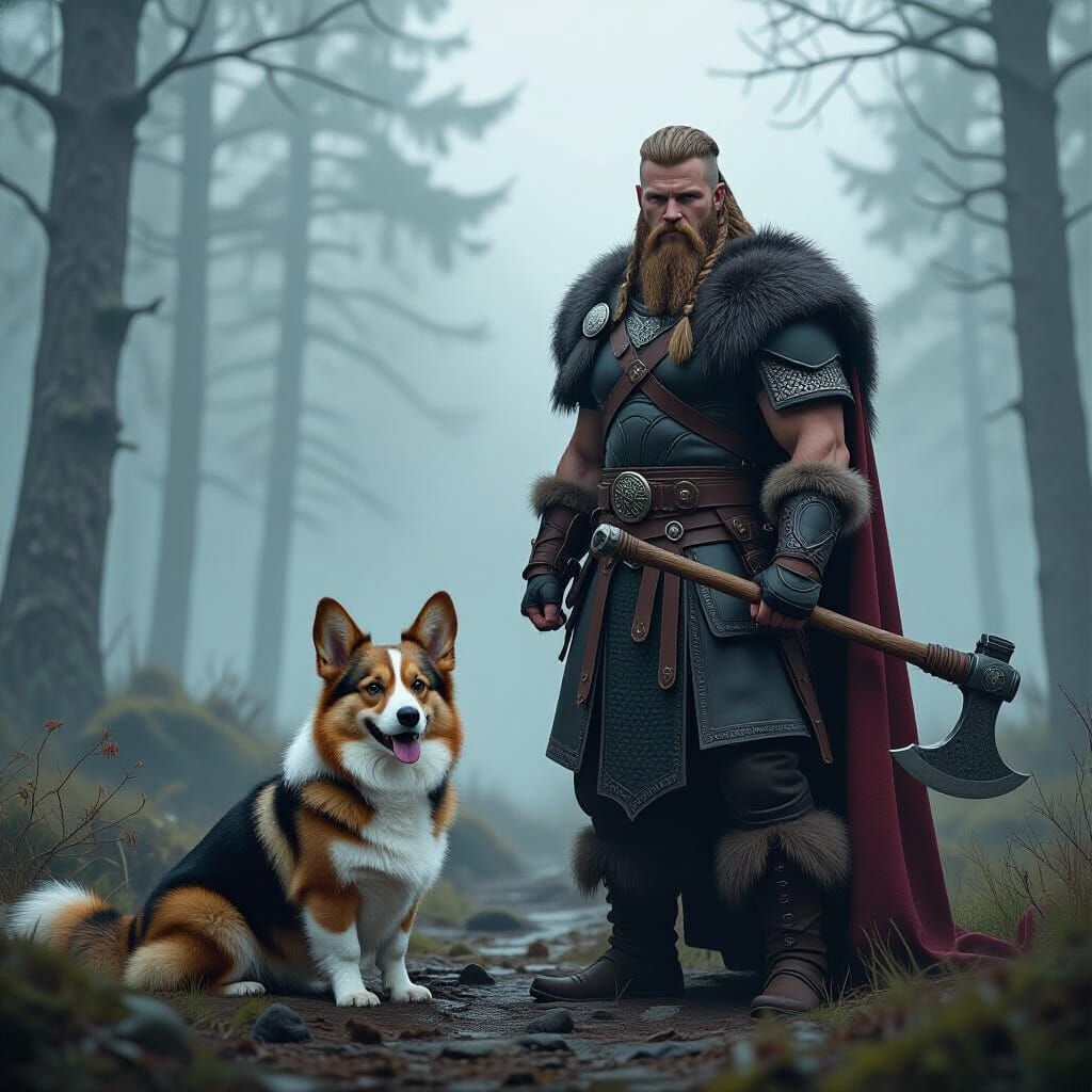 Viking Warrior with Corgi in Misty Forest