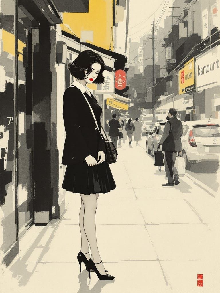 1950s Pin-Up Woman in Bold City Scene