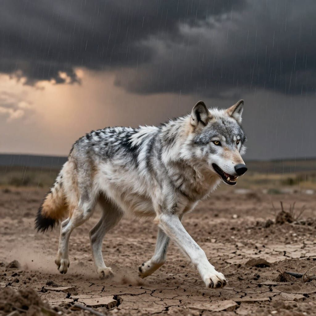 Silver Wolf Runs Across Barren Land in Stormy Light