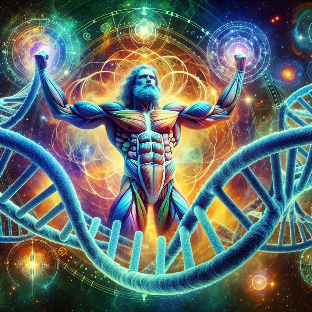 Vitruvian Figure in DNA Helix with Cosmic Elements