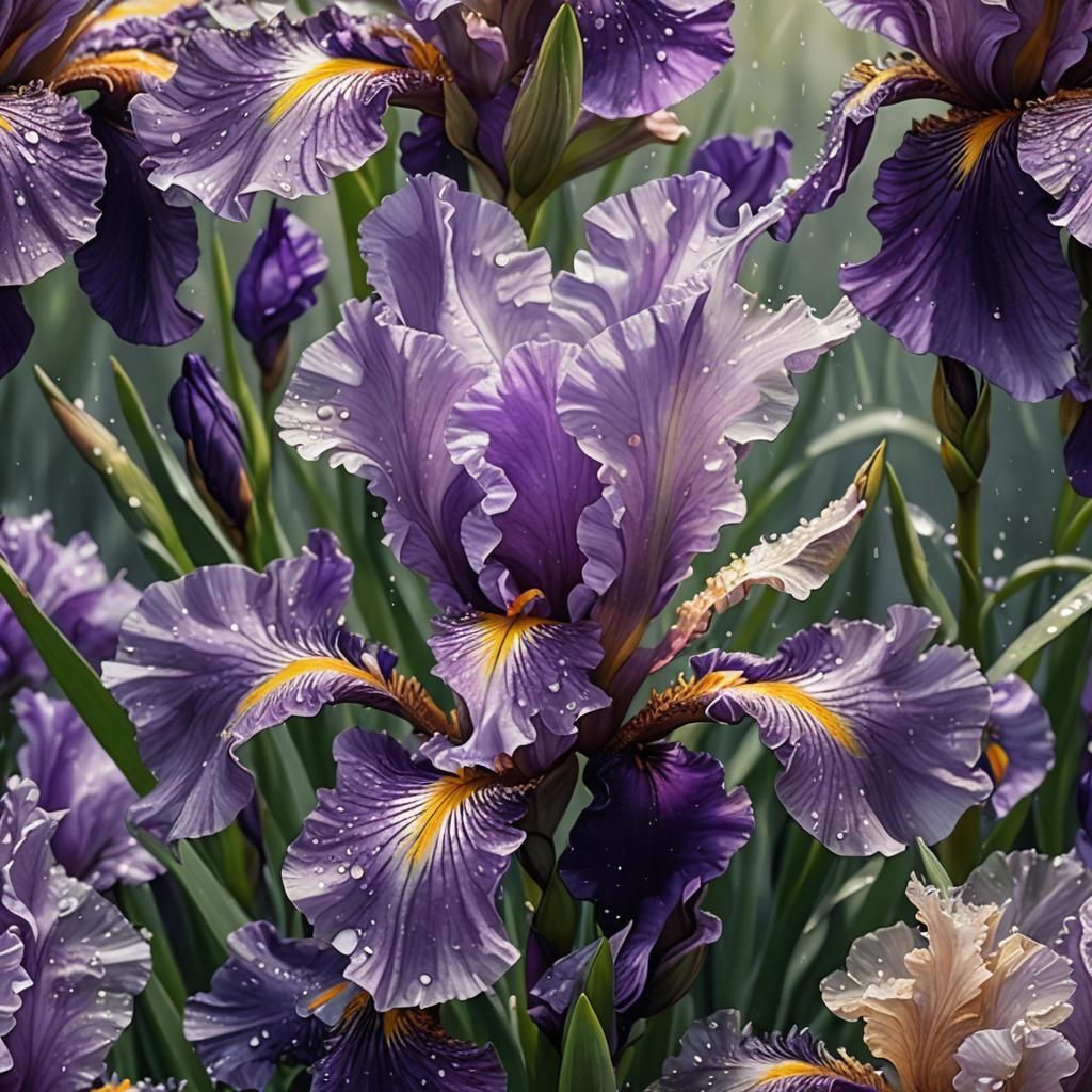 Purple Iris Bloom with Dew, Hyperrealistic Fractal Art