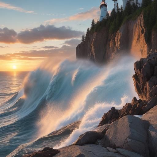 Wave Crashes Lighthouse Rocks: Pacific Northwest Golden Hour