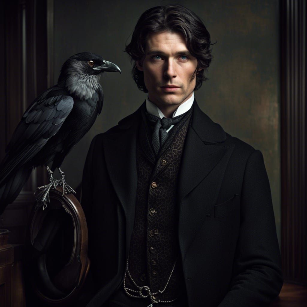 Mysterious Victorian Gentleman with Raven Companion
