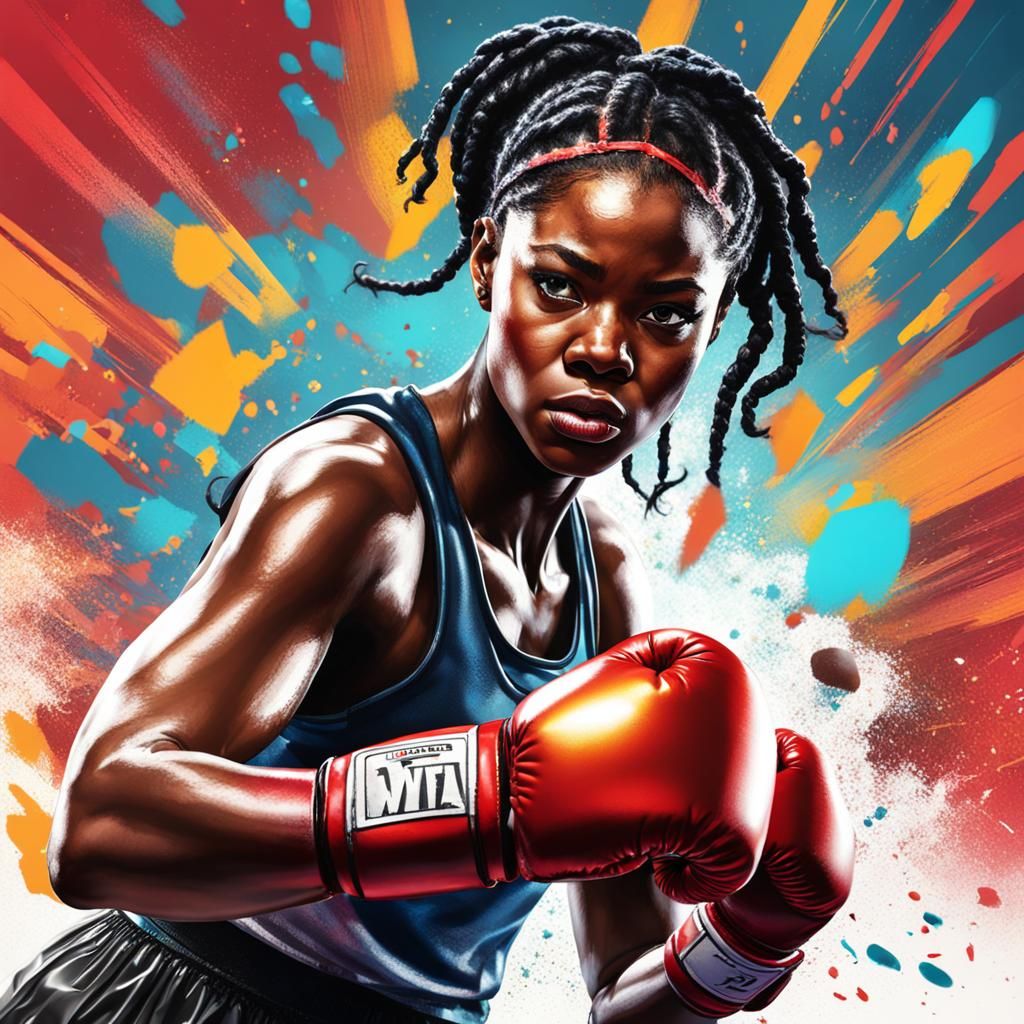 Hyperrealistic Black Female Boxing Champion Splash Art